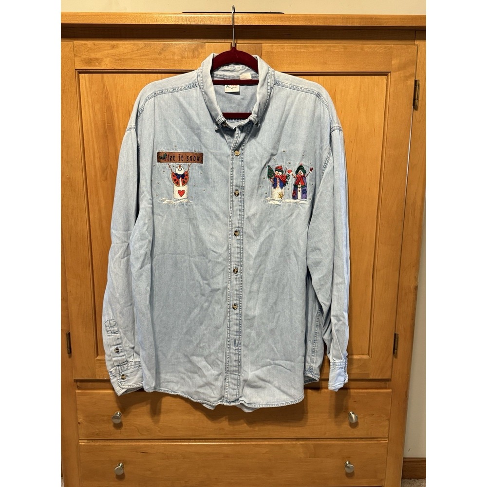 Vintage Grandma Core Embroidered Button-up  Jean Shirt Snowman XL Desert Heat